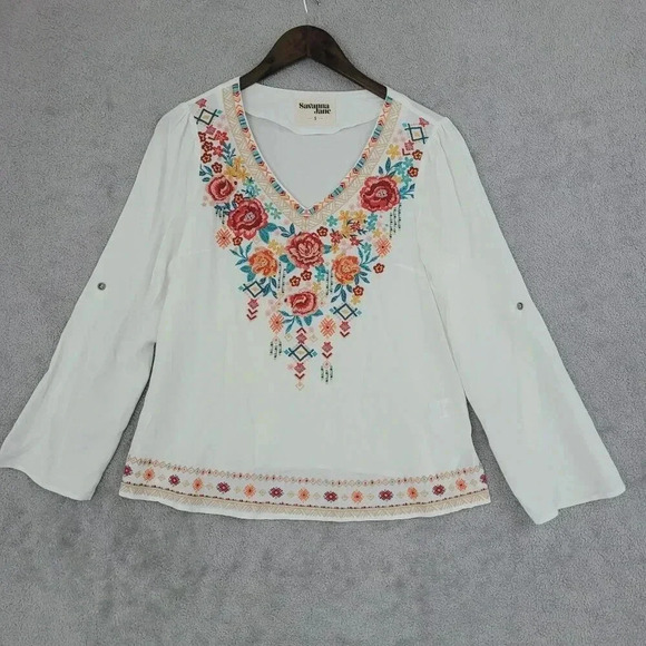 Anthropologie Savanna Jane Embroidered Floral White V-Neck Blouse Small  5PT - Picture 1 of 9